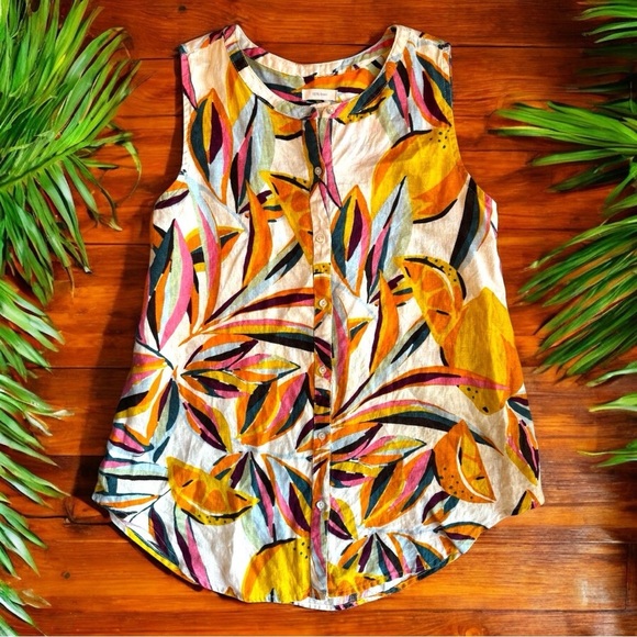 C&C CALIFORNIA 100% Linen Tropical Lemon Print Sleeveless Tunic Top - Medium - Picture 5 of 11